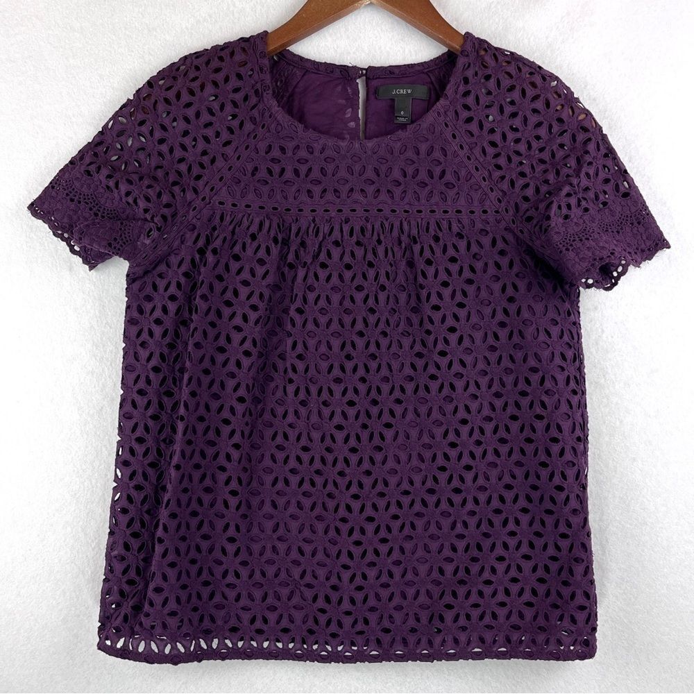 J. Crew Top Women's Size 0 Cutout Lace Overlay Eggplant Purple 100% Cotton Lined